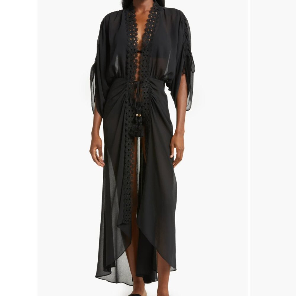 Ramy Brook Black Sheer Crochet-Trim Swim Coverup